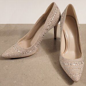 Enzo Angliolini soft taupe studded fabric 3 1/2"pumps